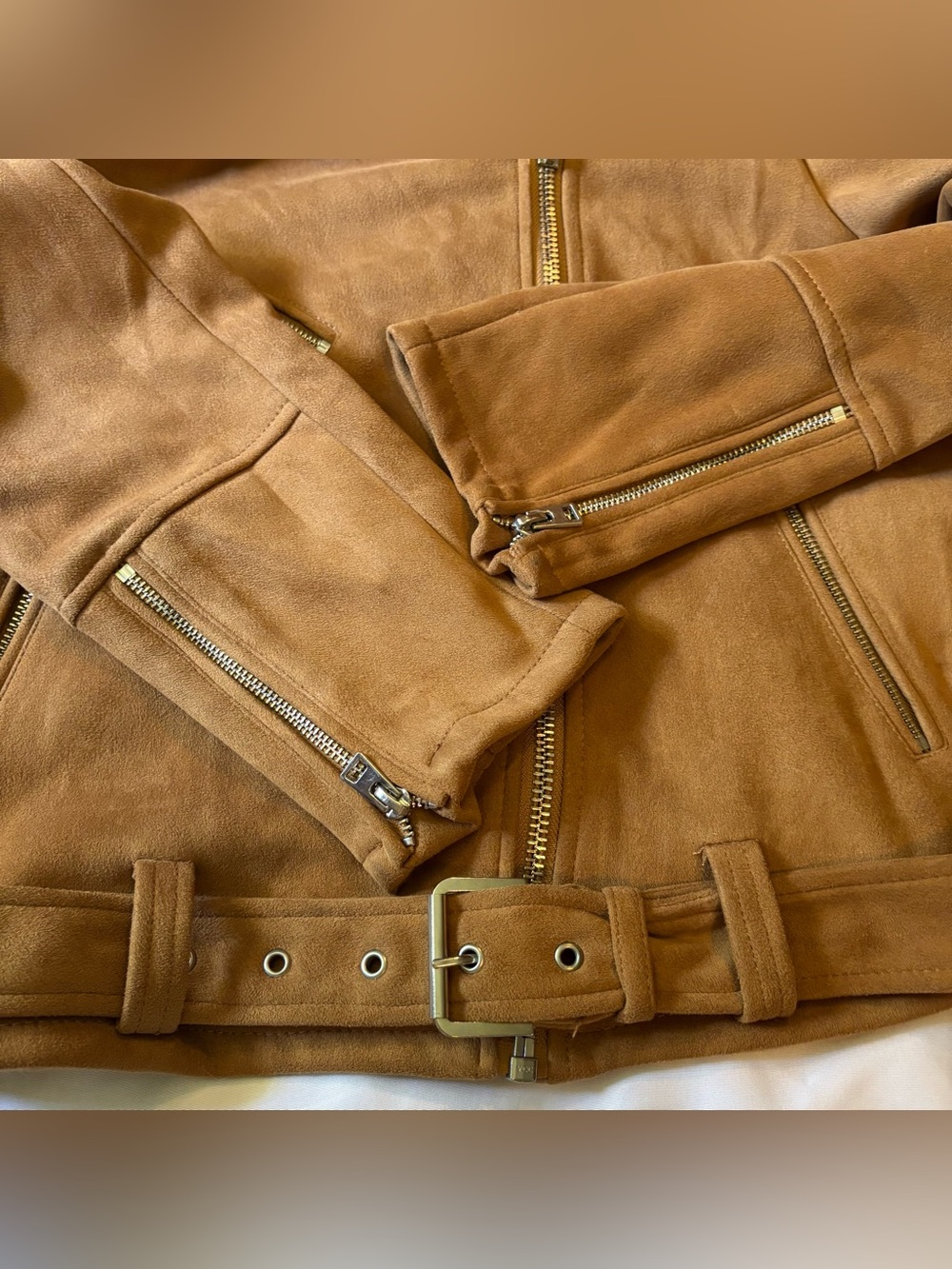 Topshop Women’s Sz 8 Faux leather metal zippers camel moto jacket - Picture 11 of 11